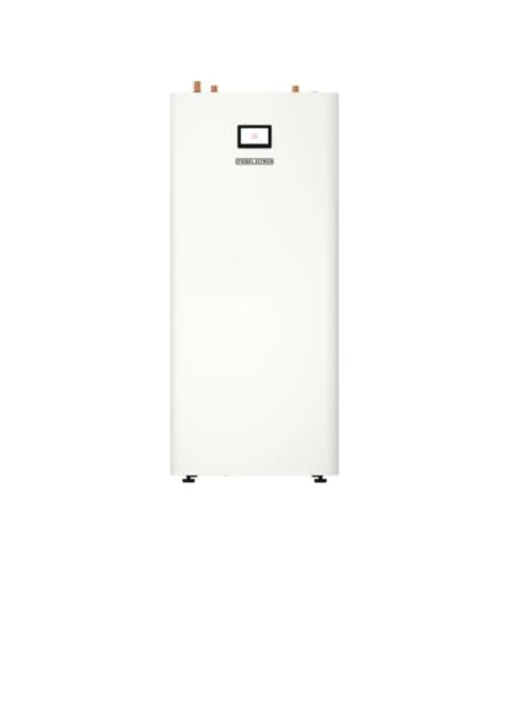 Stiebel Eltron Wärmepumpe in Weiß mit mittigem Display und Anschlussleitungen oben. Vertikale Bauform, montiert auf einem Boden mit Schraubfüßen.
